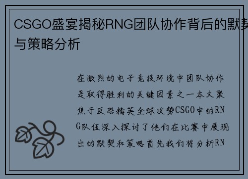 CSGO盛宴揭秘RNG团队协作背后的默契与策略分析